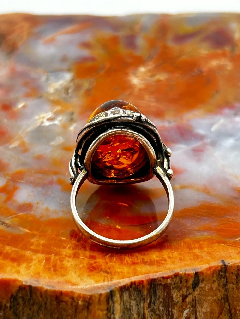 Vintage Sterling Silver Amber Ring - Size 6